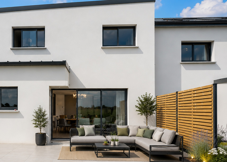 Construction d’une maison à toit plat aux portes de Rennes, à Domloup : reportage photo - terrasse
